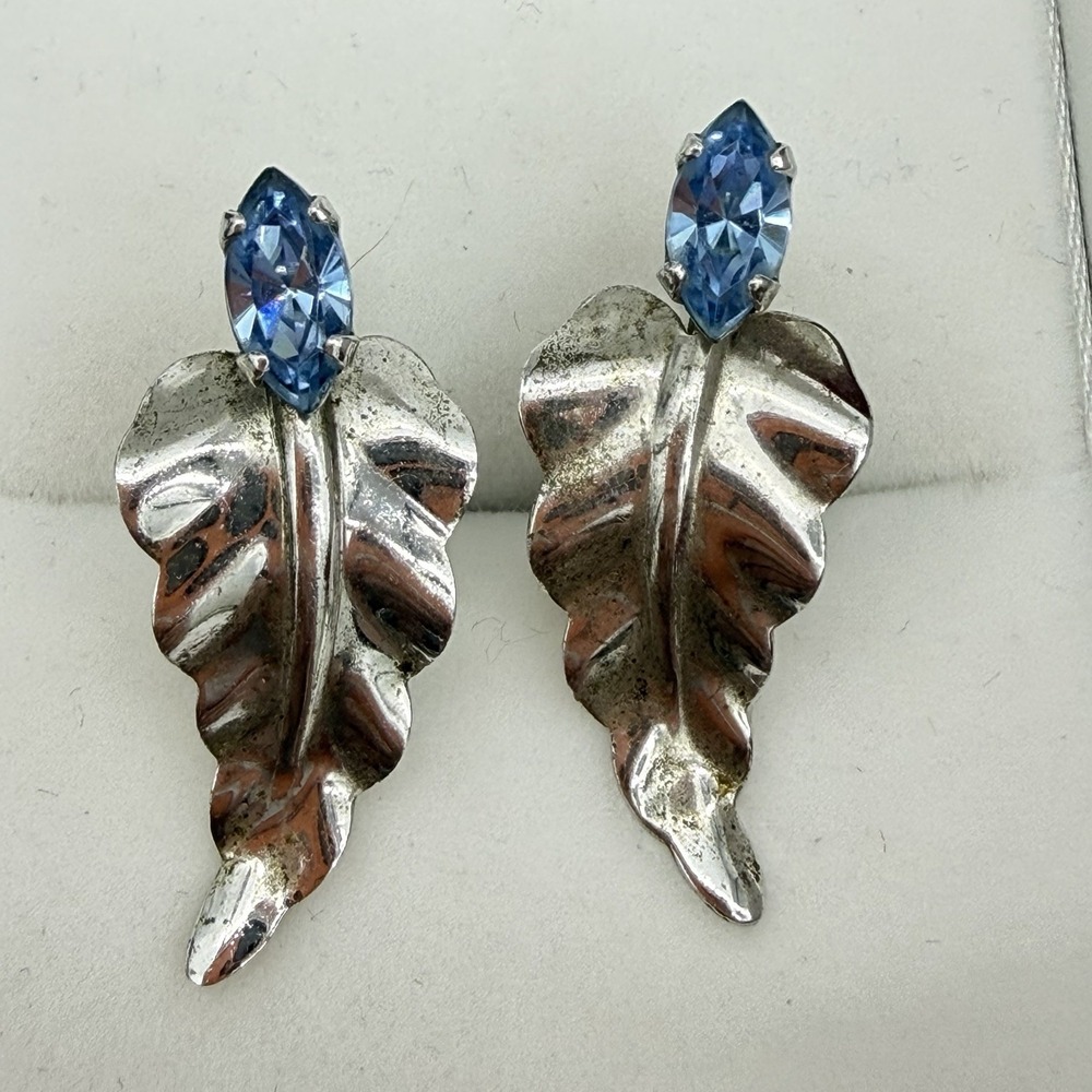 Vintage Van Dell Sterling Silver Leaf Earrings Blue Crystal Stone Screw Back